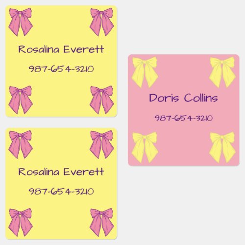 Cute Yellow and Pink  Bows Girls Names Kids Labels