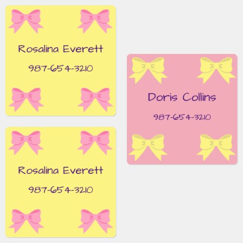 Cute Yellow and Pink  Bows Girls Names Kids Labels