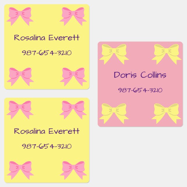 Cute Yellow and Pink  Bows Girls Names Kids Labels (Group)
