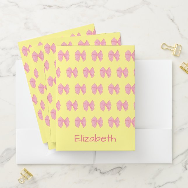 Cute Yellow and Pink Bows Pattern Girl's Name Pocket Folder (In Situ)