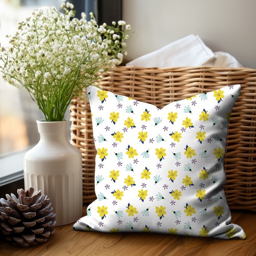 Cute Yellow And Teal Blue Daisy Flowers Pattern Throw Pillow