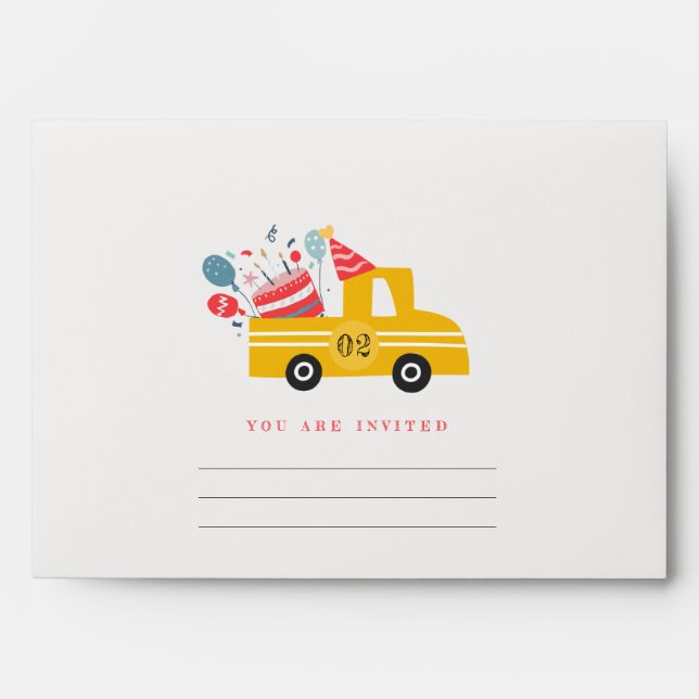 Cute Yellow Any Age Birthday Party Cake Truck Envelope (Front)