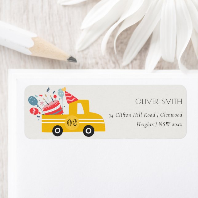 Cute Yellow Any Age Birthday Party Cake Truck Label (Insitu)
