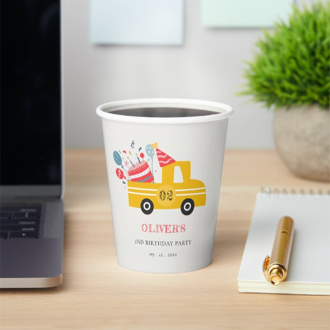 Cute Yellow Any Age Birthday Party Cake Truck Paper Cups (Insitu)