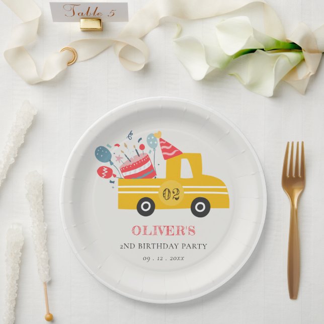 Cute Yellow Any Age Birthday Party Cake Truck Paper Plates (Wedding)