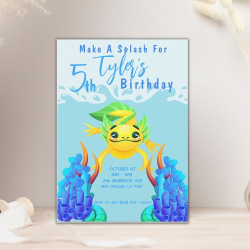 Cute Yellow Axolotl Boy Underwater Birthday Party Invitation