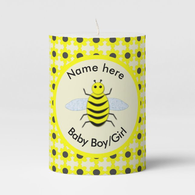 Cute Yellow baby Bee Gender Reveal Neutral Custom Pillar Candle (Front)