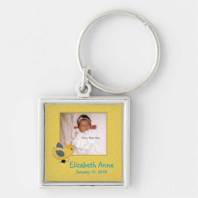 Cute Yellow Baby Chick Photo Birth Announcement Keychain (Front)