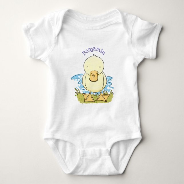 Cute yellow baby duckling cartoon illustration bodysuit (Front)