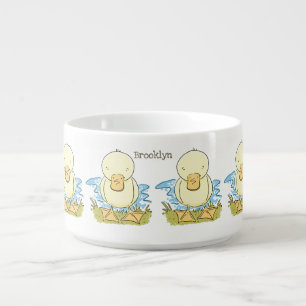 Cute yellow baby duckling cartoon illustration bowl
