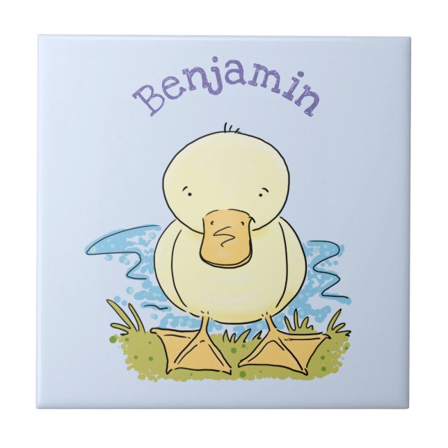 Cute yellow baby duckling cartoon illustration ceramic tile (Front)