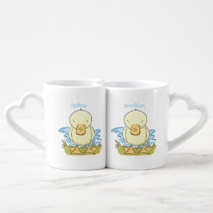 Cute yellow baby duckling cartoon illustration coffee mug set