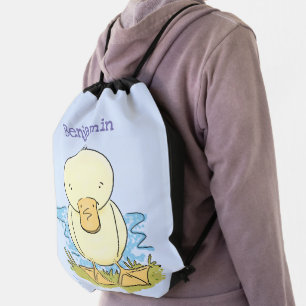 Cute yellow baby duckling cartoon illustration drawstring bag