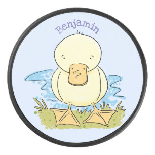 Cute yellow baby duckling cartoon illustration hockey puck
