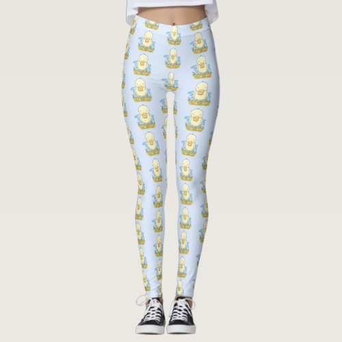 Cute yellow baby duckling cartoon illustration leggings