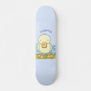 Cute yellow baby duckling cartoon illustration skateboard