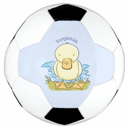 Cute yellow baby duckling cartoon illustration soccer ball