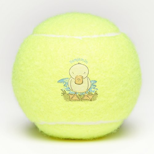 Cute yellow baby duckling cartoon illustration tennis balls
