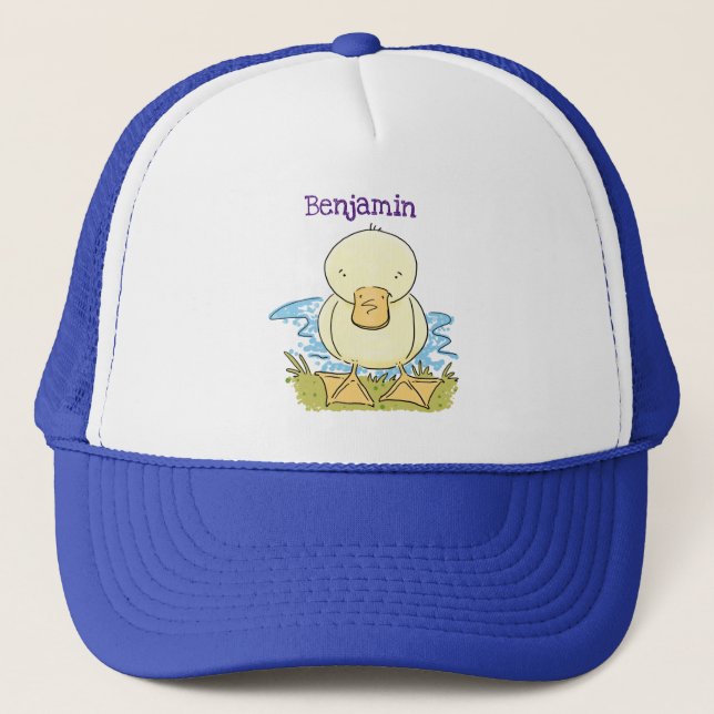 Cute yellow baby duckling cartoon illustration trucker hat (Front)