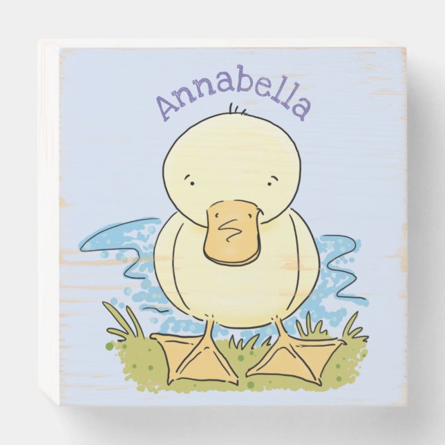 Cute yellow baby duckling cartoon illustration wooden box sign (Front Horizontal)