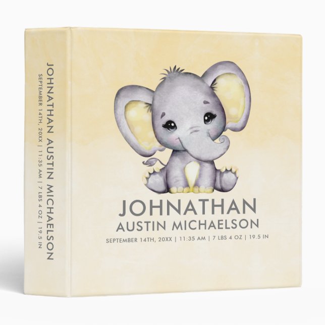 Cute Yellow Baby Elephant Baby Photo Album 3 Ring Binder (Front/Spine)