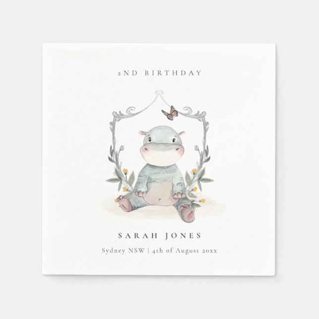 Cute Yellow Baby Hippo Foliage Any Age Birthday Napkins (Front)