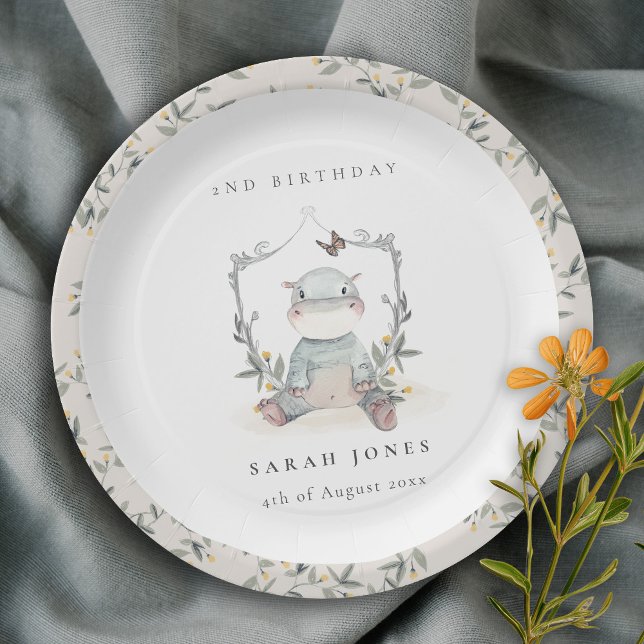 Cute Yellow Baby Hippo Foliage Any Age Birthday Paper Plates (Creator Uploaded)