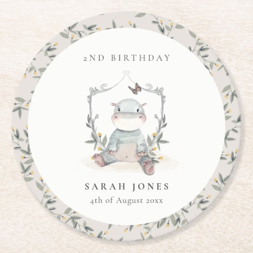 Cute Yellow Baby Hippo Foliage Any Age Birthday Round Paper Coaster