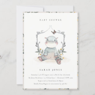Cute Yellow Baby Hippo Foliage Baby Shower Invite