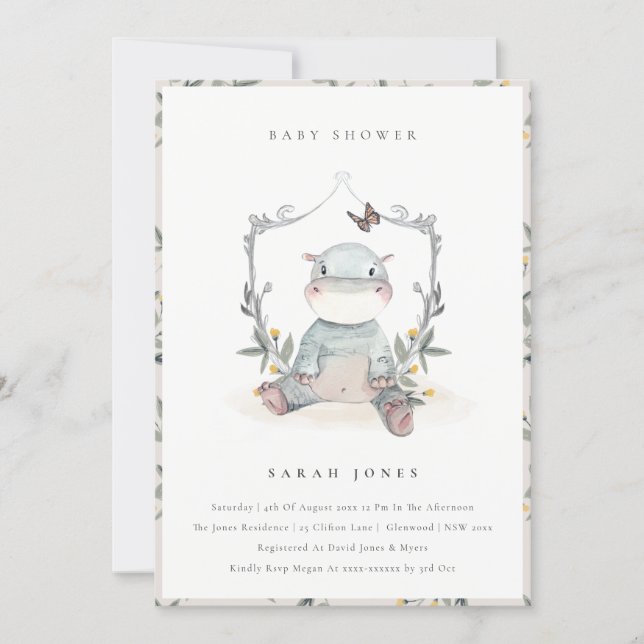 Cute Yellow Baby Hippo Foliage Baby Shower Invite (Front)