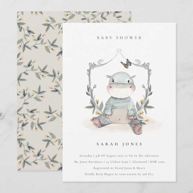 Cute Yellow Baby Hippo Foliage Baby Shower Invite (Front/Back)