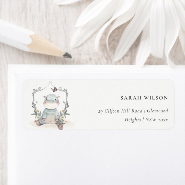 Cute Yellow Baby Hippo Foliage Balloon Address Label (Insitu)