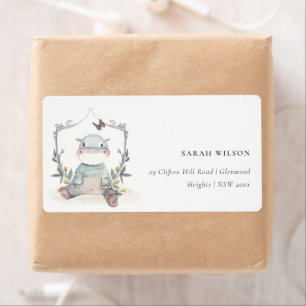 Cute Yellow Baby Hippo Foliage Balloon Address Label