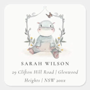 Cute Yellow Baby Hippo Foliage Balloon Address Square Sticker