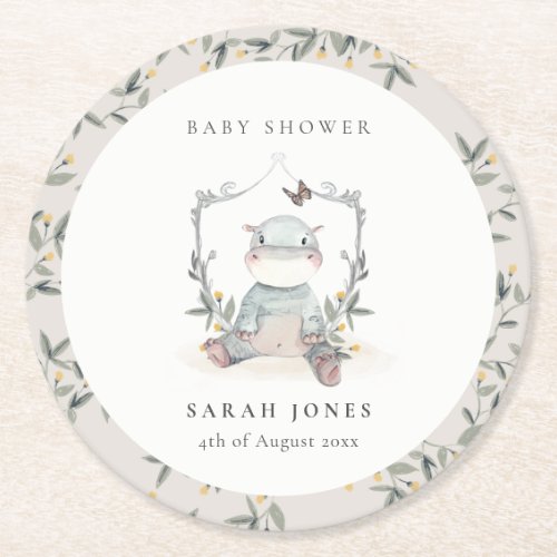 Cute Yellow Baby Hippo Foliage Elegant Baby Shower Round Paper Coaster