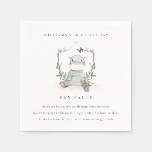 Cute Yellow Baby Hippo Foliage Fun Facts Birthday Napkins