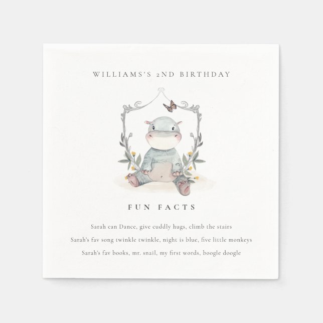 Cute Yellow Baby Hippo Foliage Fun Facts Birthday Napkins (Front)