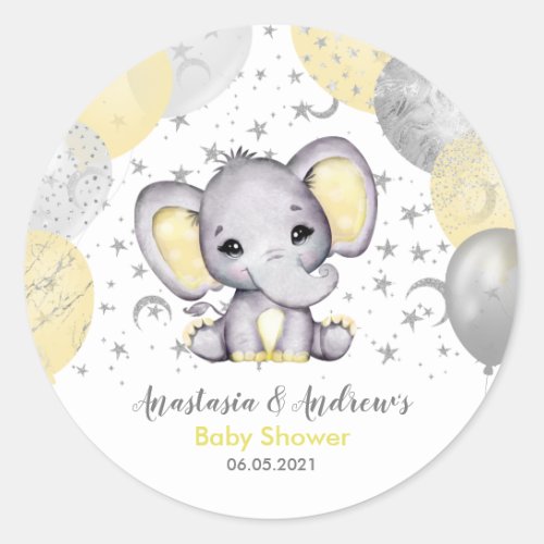 Cute Yellow Baby Shower Elephant Balloons Classic Round Sticker