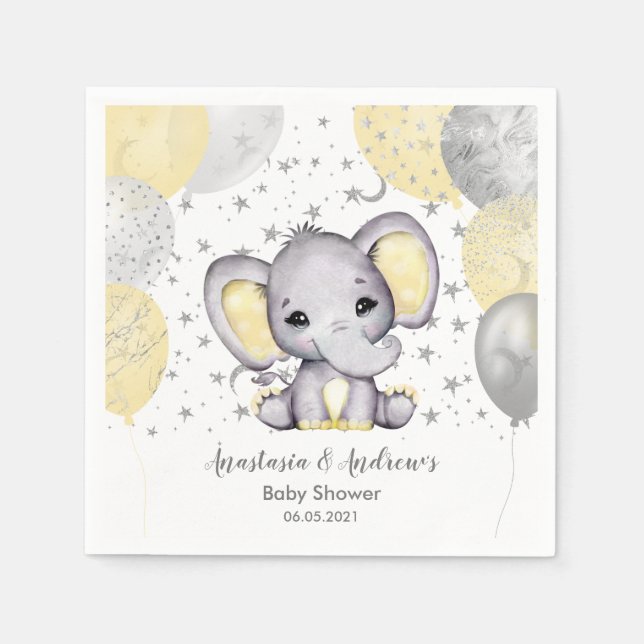 Cute Yellow Baby Shower Elephant Balloons Napkins (Front)