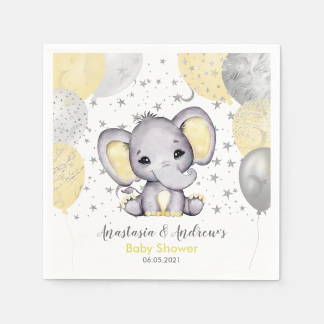 Cute Yellow Baby Shower Elephant Balloons Napkins (Front)