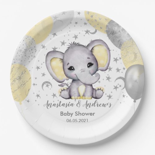 Cute Yellow Baby Shower Elephant Balloons Paper Pl Paper Plates