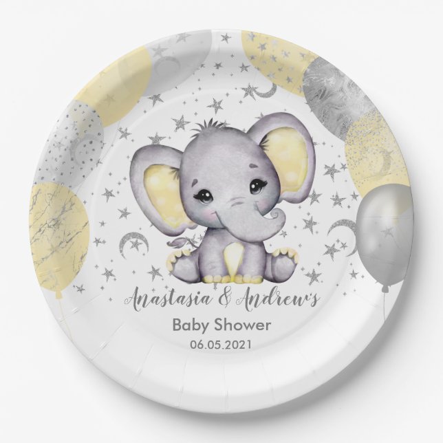 Cute Yellow Baby Shower Elephant Balloons Paper Pl Plates (Front)