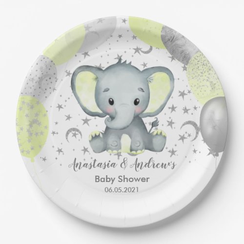 Cute Yellow Baby Shower Elephant Balloons Paper Plates
