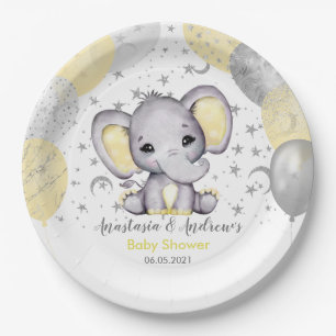 Cute Yellow Baby Shower Elephant Balloons Paper Plates