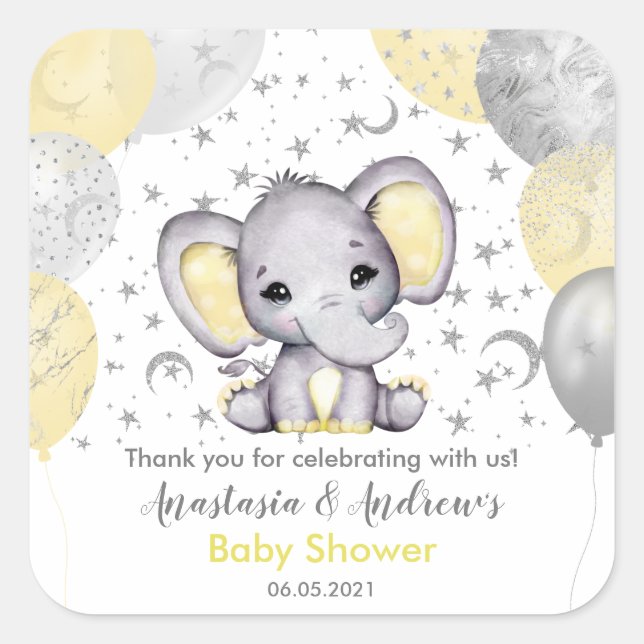 Cute Yellow Baby Shower Elephant Balloons Square S Sticker (Front)