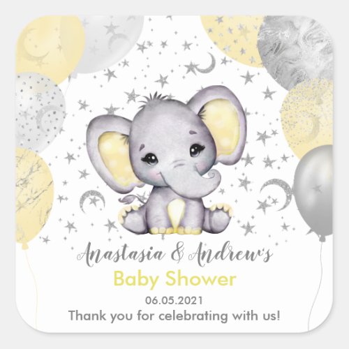 Cute Yellow Baby Shower Elephant Balloons Square Sticker