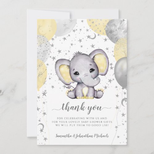 Cute Yellow Baby Shower Elephant Balloons Thank Yo Thank You Card