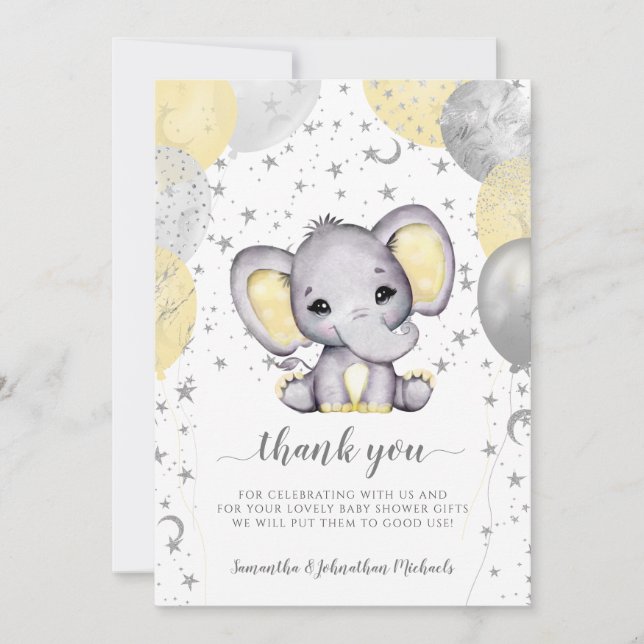 Cute Yellow Baby Shower Elephant Balloons Thank Yo You Card (Front)
