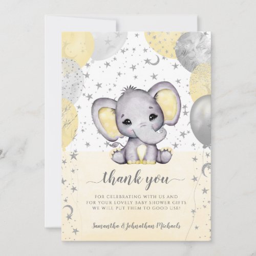 Cute Yellow Baby Shower Elephant Balloons Thank You Card