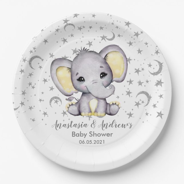 Cute Yellow Baby Shower Elephant Paper Plates (Front)